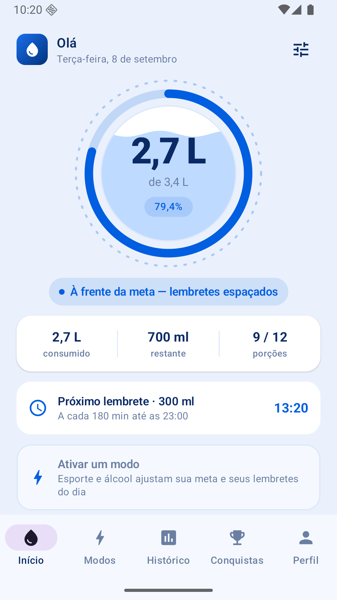 Tela inicial do hydra mostrando o selo de progresso com 2,7 litros de uma meta de 3,4 litros e o próximo lembrete às 13:20.